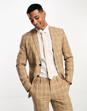 Herren Anzüge | Jack & Jones Premium – Sehr schmal geschnittene Anzugjacke in Beige kariert - MVB8646
